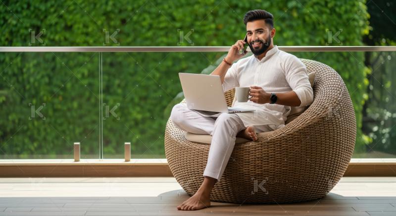 Young Indian man works remotely from home balcony