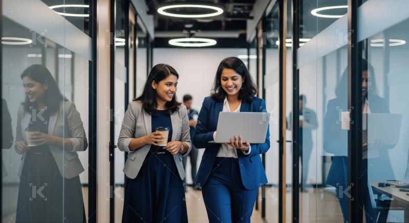 Happy Businesswomen Collaborating with Laptop and Coffee in Mode