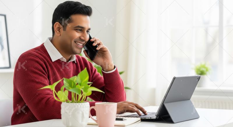 Smiling Indian Man Multitasking with Phone and Laptop at Home