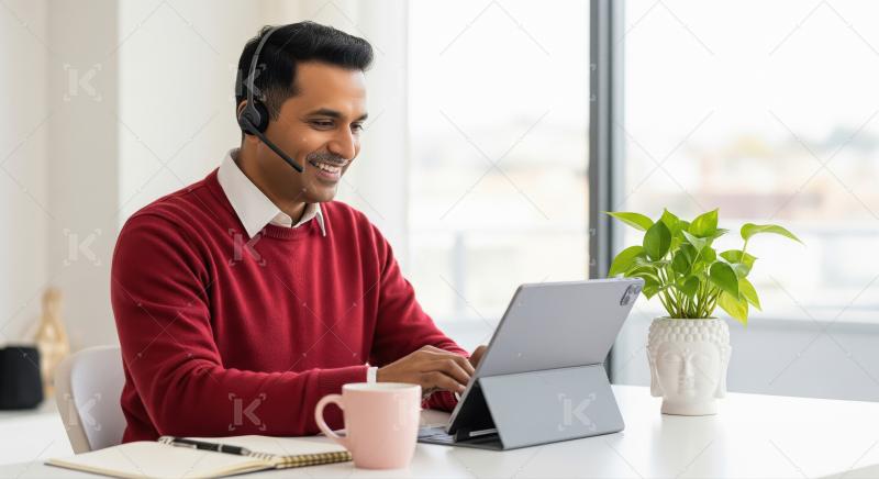 Smiling Man Working Remotely with Headset and Tablet
