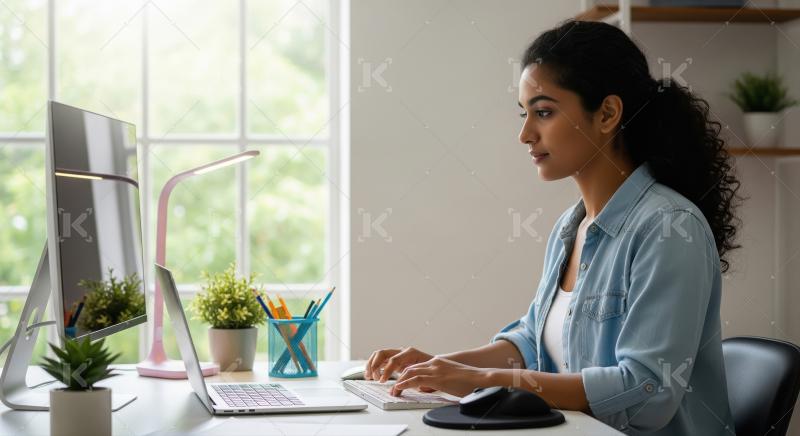 Focused Indian Woman Working on Computer in Bright Home Office