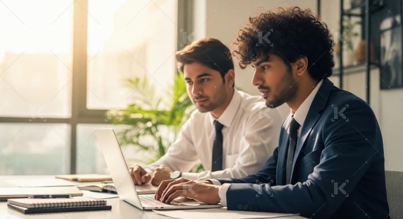 Young Businessmen Collaborating on Laptop in Bright Modern Offic