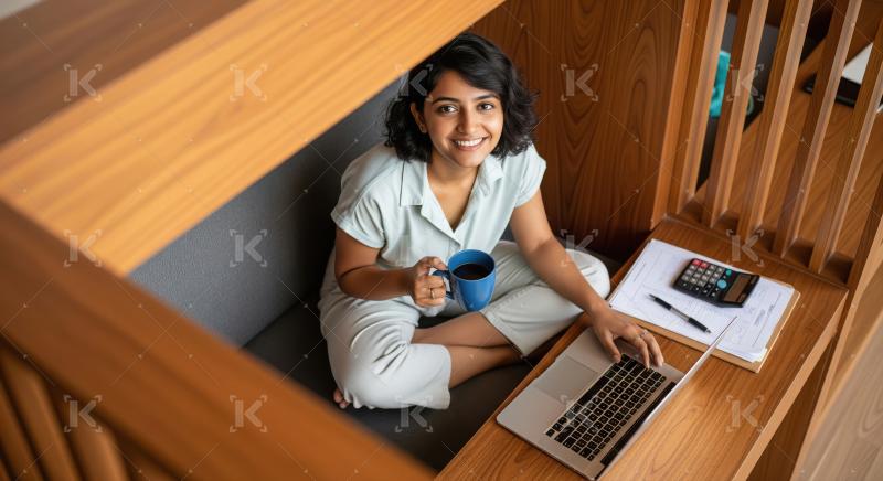 Smiling Woman Working Comfortably in Modern Wooden Nook