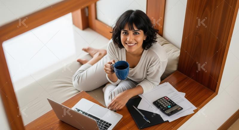 Smiling Young Woman Working from Home with Coffee and Laptop