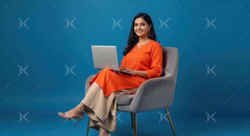 Young Indian Woman Working on Laptop with Confident Smile