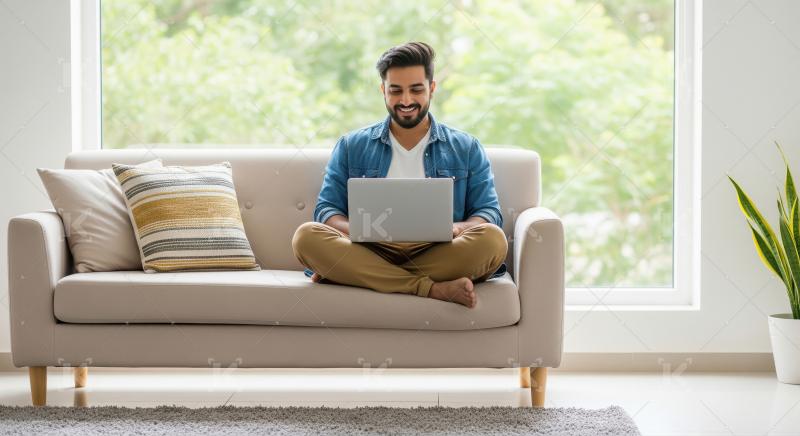Smiling Young Man Working on Laptop at Home Sofa