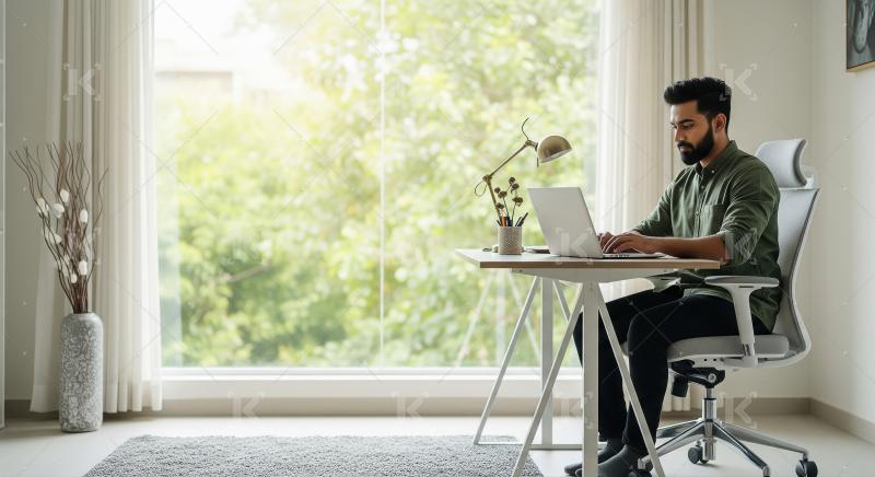 Focused Man Using Laptop in Bright Modern Home Office