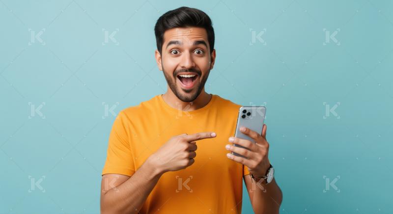Excited Man Points at Smartphone, Amazing App Discovery