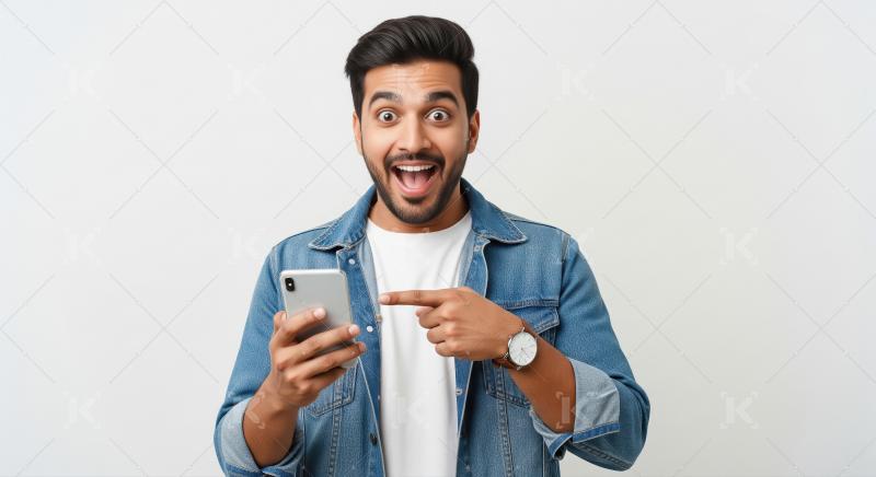 Excited Man Points to Smartphone, Showing Amazing Online Discove