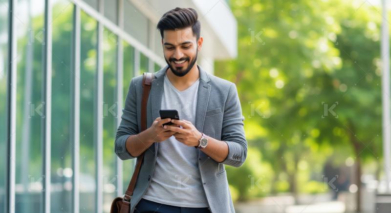 Happy Young Man Smiling Using Smartphone Outdoors