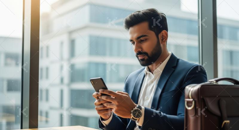 Focused Professional Man Using Smartphone in Modern Office