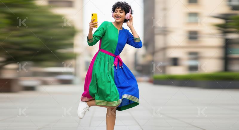 Joyful woman taking a selfie with headphones in colorful dress.