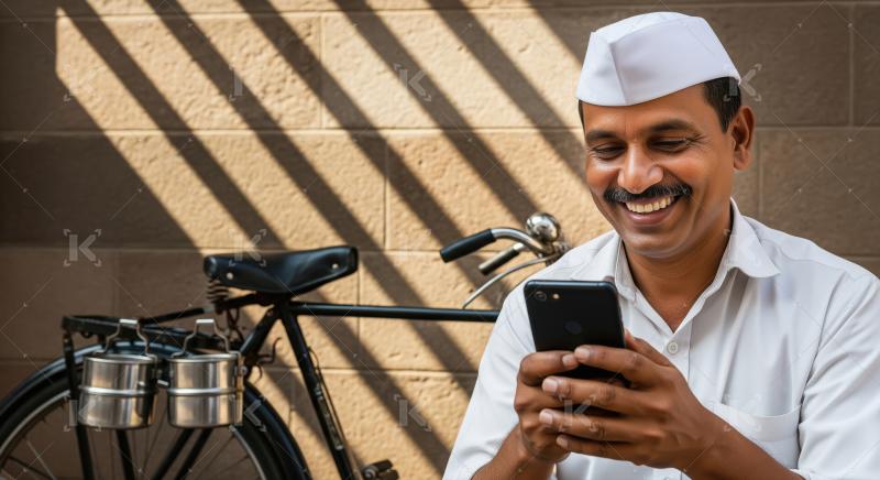 Smiling Indian Dabbawala man using smartphone with tiffin bike