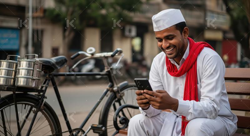 Happy Indian Man Using Smartphone, Dabbawala Bicycle Nearby