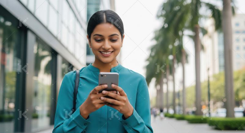 Smiling Indian Woman Engaged with Smartphone in City