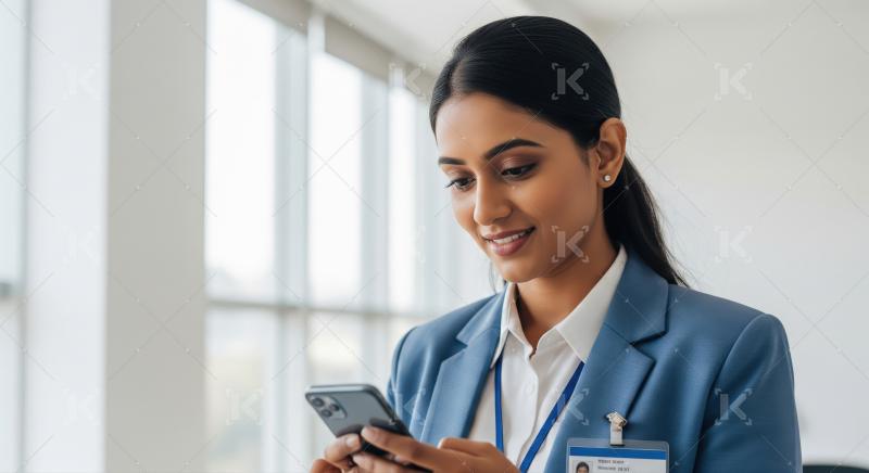 Young Indian businesswoman smiling while using smartphone in off