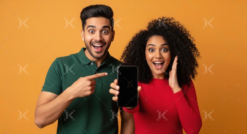 Excited Diverse Couple Showing Blank Smartphone Screen, Amazing