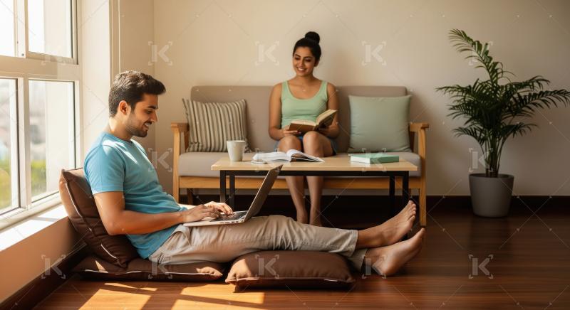 Young couple relaxing at home with laptop and book
