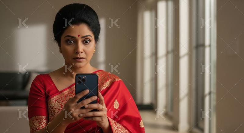 Indian Woman Reacts with Surprise to Smartphone Content