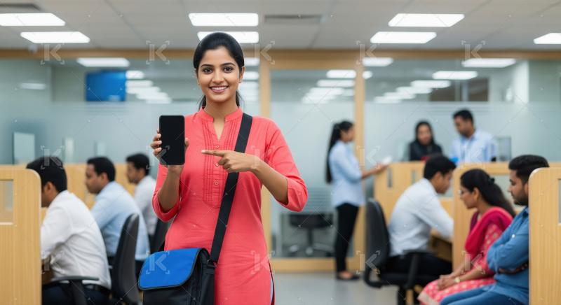 Happy young woman showcasing smartphone in a busy office