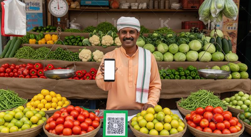 Indian Vegetable Vendor Shows Smartphone for Digital Payments at