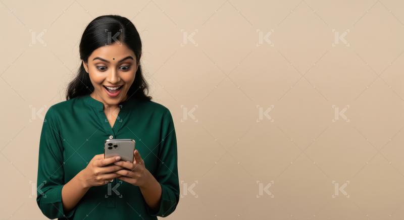 Excited Indian woman reacts to smartphone content