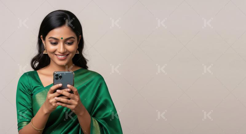 Beautiful Indian Woman Smiling while Using Her Smartphone