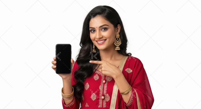 Beautiful Indian Woman Pointing at Blank Smartphone Screen