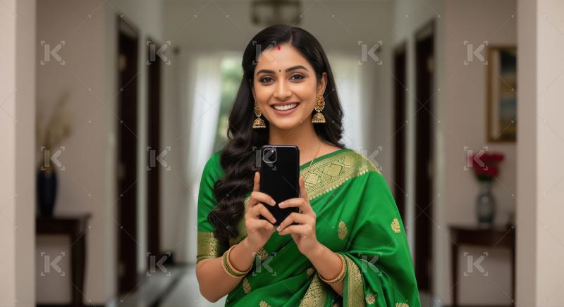Beautiful Indian woman in green saree smiling, holding smartphon