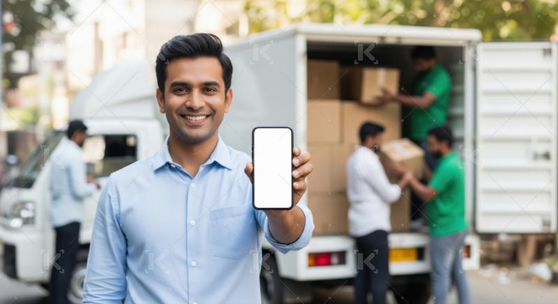 Smiling man shows mobile delivery app, team unloads truck.