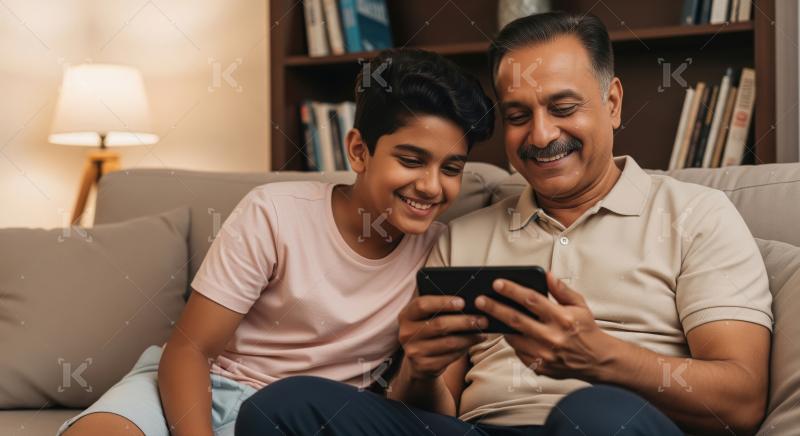 Happy father and son bonding over smartphone at home