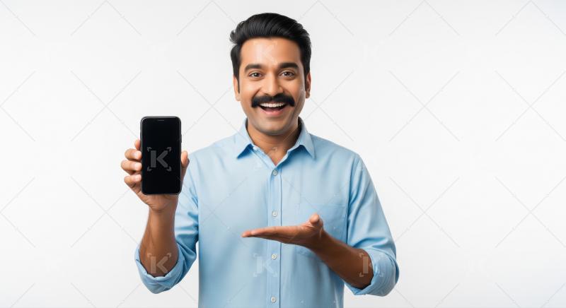 Happy Indian Man Presenting Smartphone with Blank Screen