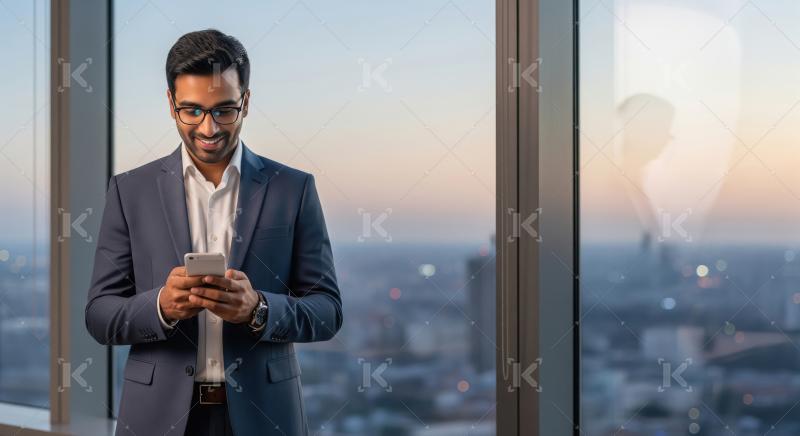 Indian Businessman Smiling Using Smartphone in Modern Office