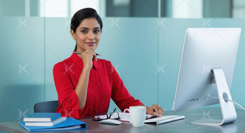 Confident Indian Businesswoman Smiling at Her Modern Office Desk