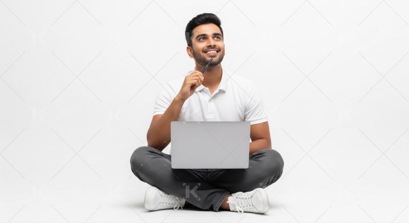 Smiling Man Thinks Creatively While Working on Laptop