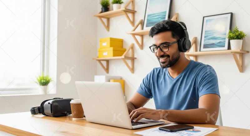 Smiling Young Man Working from Home with Laptop