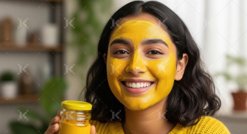 Smiling Indian Woman Enjoying Natural Turmeric Face Mask Treatme