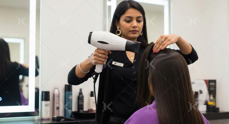 Hairdresser Drying Client's Dark Hair in a Modern Salon