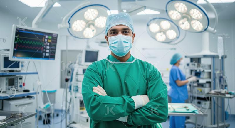 Confident Male Surgeon Poses in Modern Operating Room