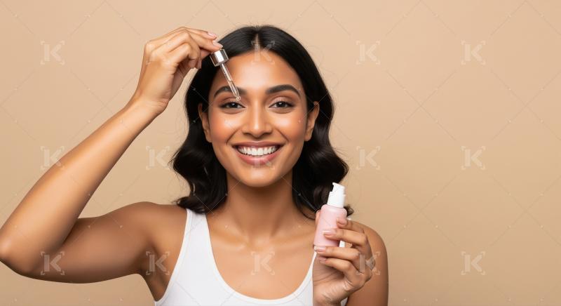 Smiling Indian Woman Applying Skincare Serum for Healthy Radiant
