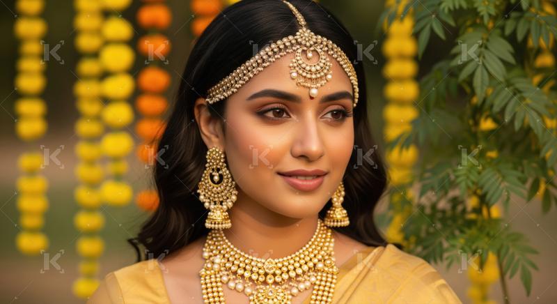 Elegant Indian woman with exquisite gold jewelry in festive sett