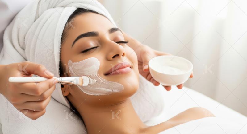 Relaxed woman receives rejuvenating facial mask at modern spa