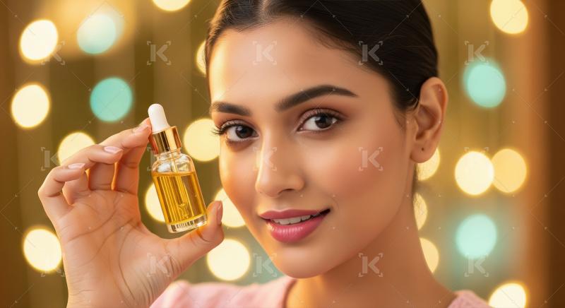Smiling Indian Woman Holding Skincare Serum Bottle with Bokeh Ba