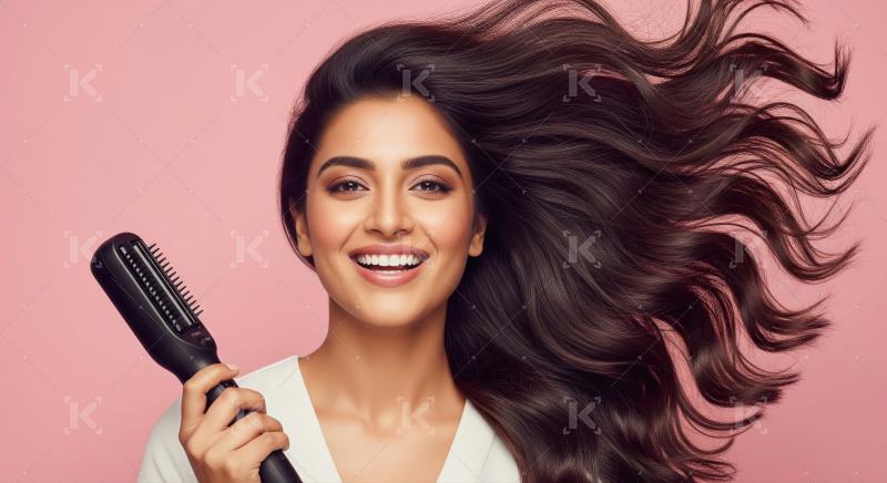 Smiling woman styling long, flowing brown hair with electric bru