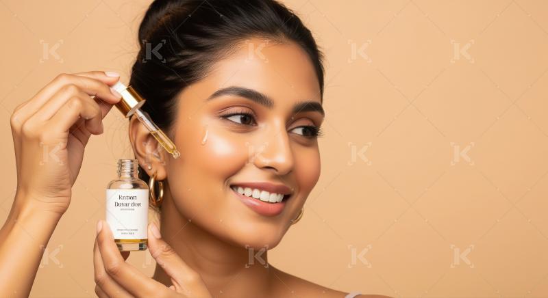 Smiling Woman Applies Skincare Serum for Radiant, Healthy Skin