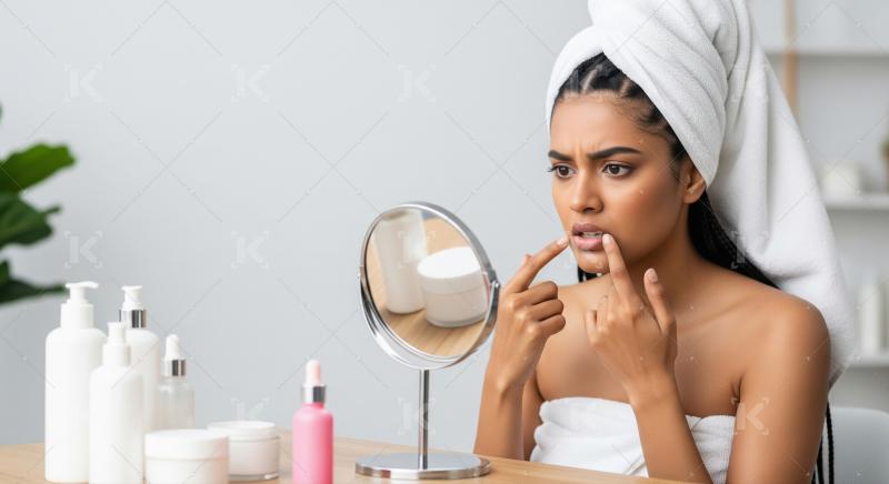 Upset Woman Examines Skin Blemish During Morning Beauty Routine