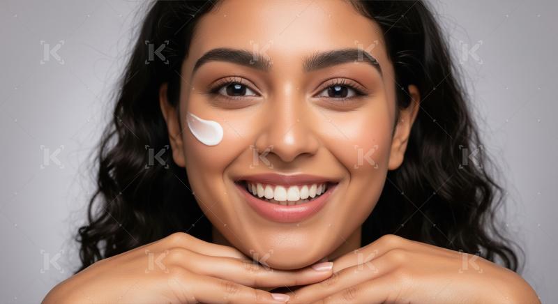 Radiant Young Woman Smiling with Skincare Cream on Cheek