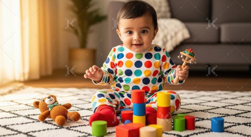 Happy Baby Playing with Colorful Toys on Living Room Rug