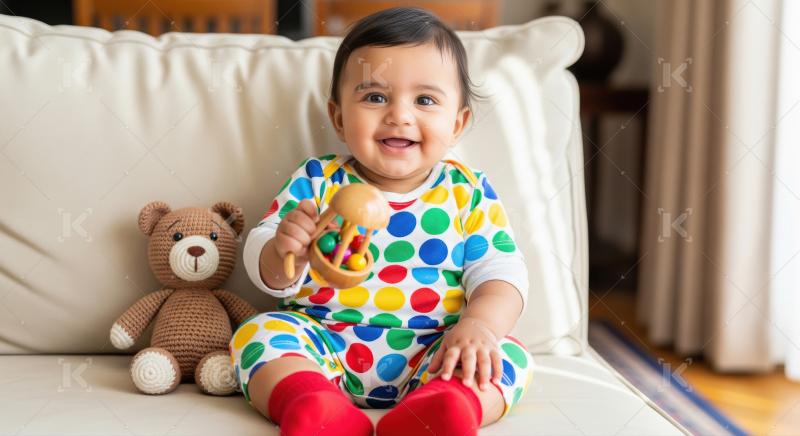 Happy baby playing with rattle and teddy on couch.