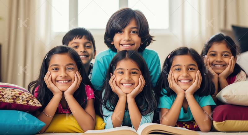 Happy Indian Children Reading Together with Joy